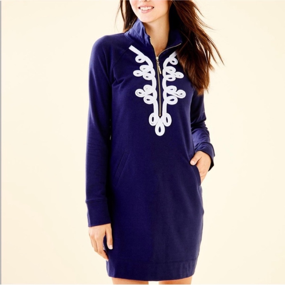 Lilly Pulitzer Skipper 1/2 Half Zip Popover Dress Navy White - Picture 2 of 4